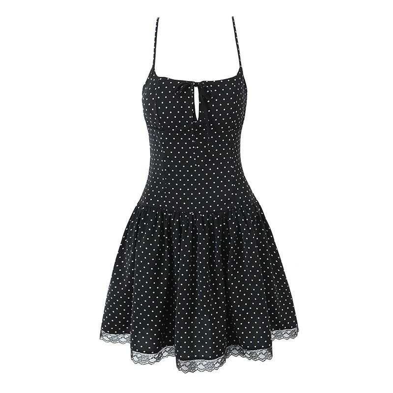 Slow Tone Paris French Romantic Black Polka Dot Lace Edge Patchwork Waist-Slimming Slim Looking Pure Desire Wind Sling Dress