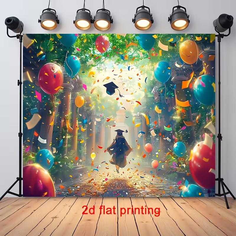 2D Graduation Cap Backdrop, Party with Balloons & Confetti Background