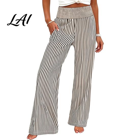 Women Casual Pants Striped Wide Leg Pants Summer Elastic Waist Breathable Trousers Loose Fit Palazzo with Pockets Daily Wear