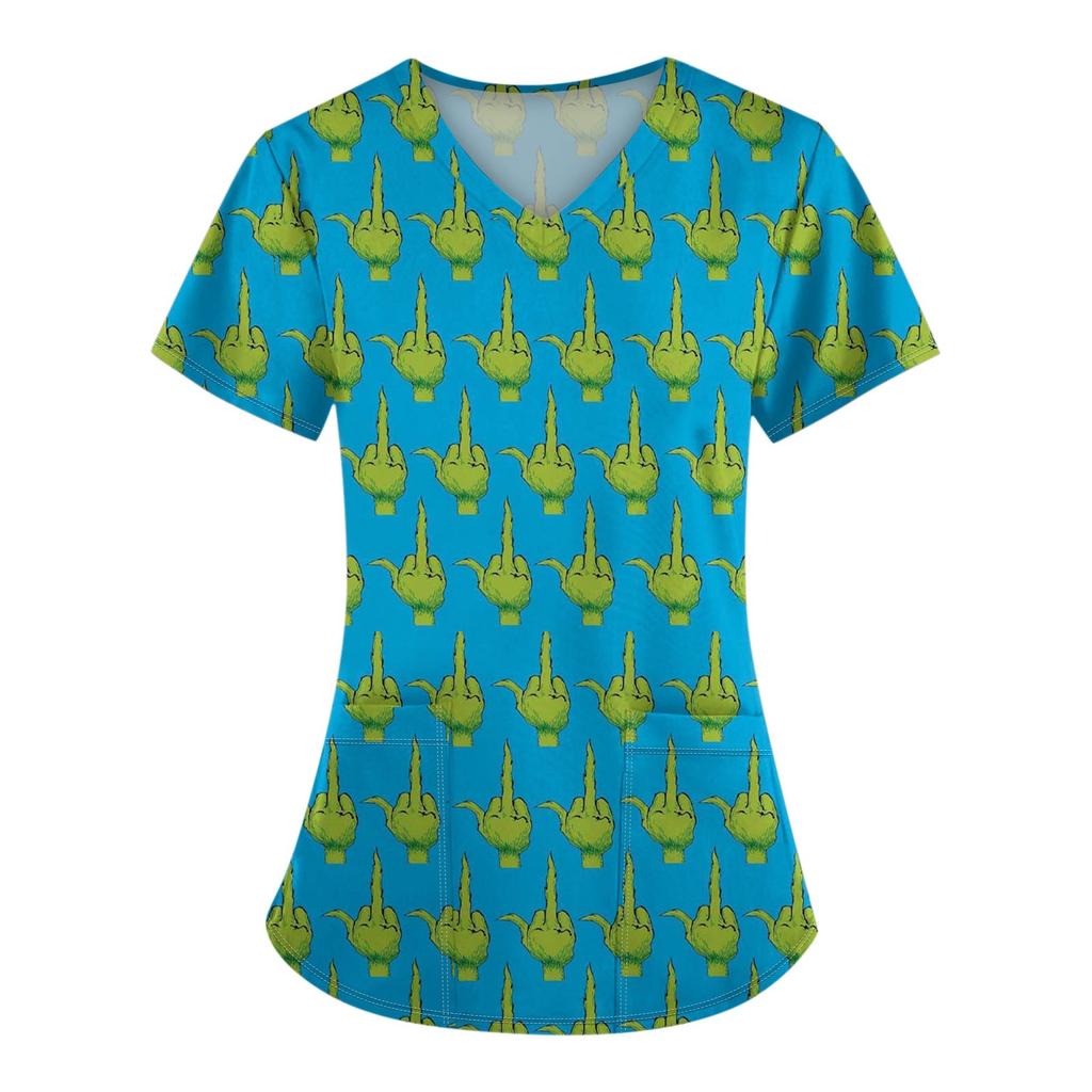 Women's Fashion Printed Short Sleeve V Neck Pattern Tops Pocket Working T-shirts