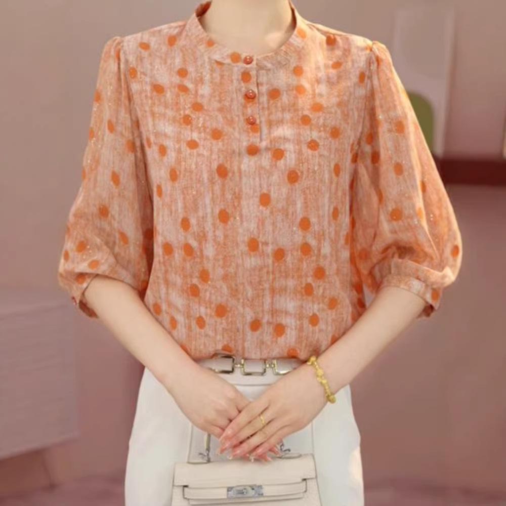 

Elegant 2026 Age-Reducing Polka Dot Blouse - Stylish Three-Quarter Sleeve Summer Top L (Recommended for 90-105 lbs) оранжевый