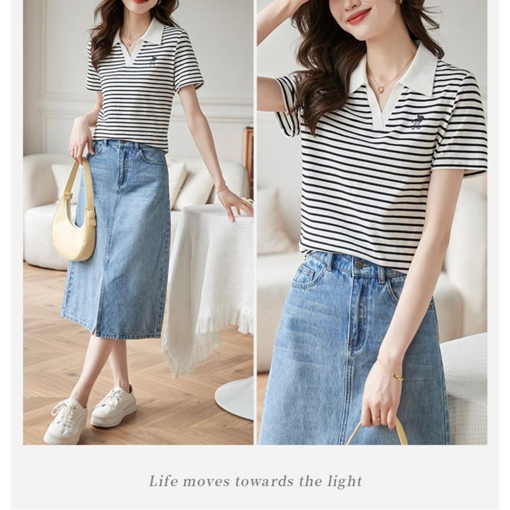 T-shirt pour femme à rayures Knight brodées, col rond, manches courtes, haut d'été polyvalent et décontracté avec rayures contrastées élégantes, lavable en machine