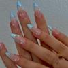 24Pcs Medium French Almond Press On Nails 3D Ocean Shark Shell Pearl Design Fake Nail Tips