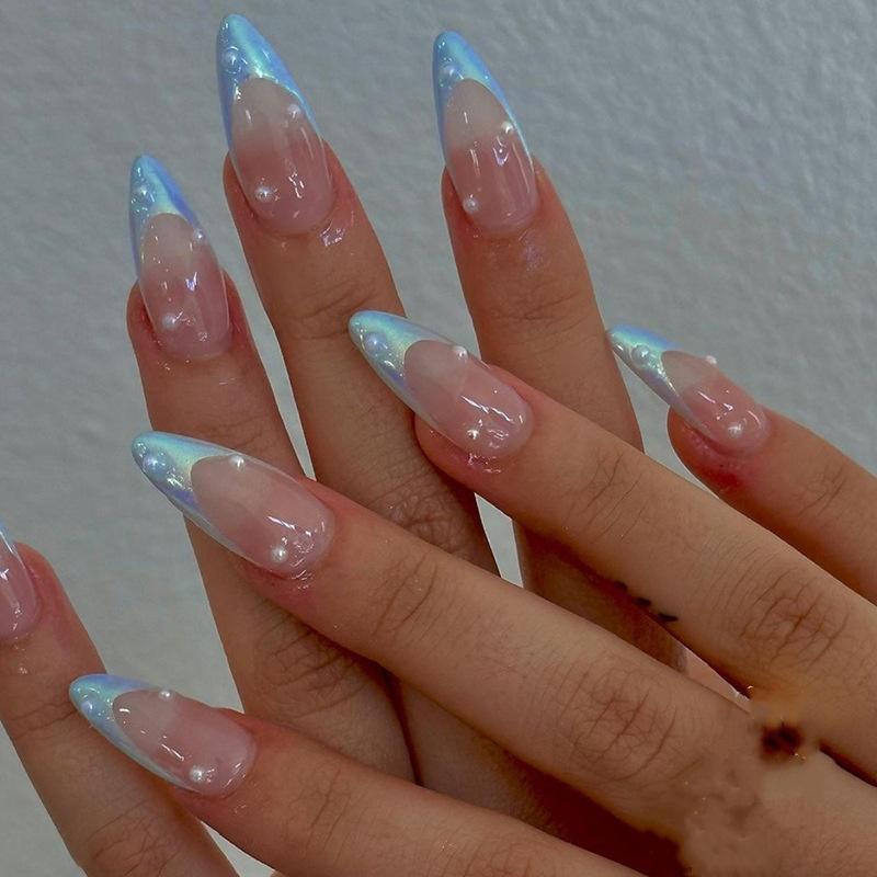 24Pcs Medium French Almond Press On Nails 3D Ocean Shark Shell Pearl Design Fake Nail Tips