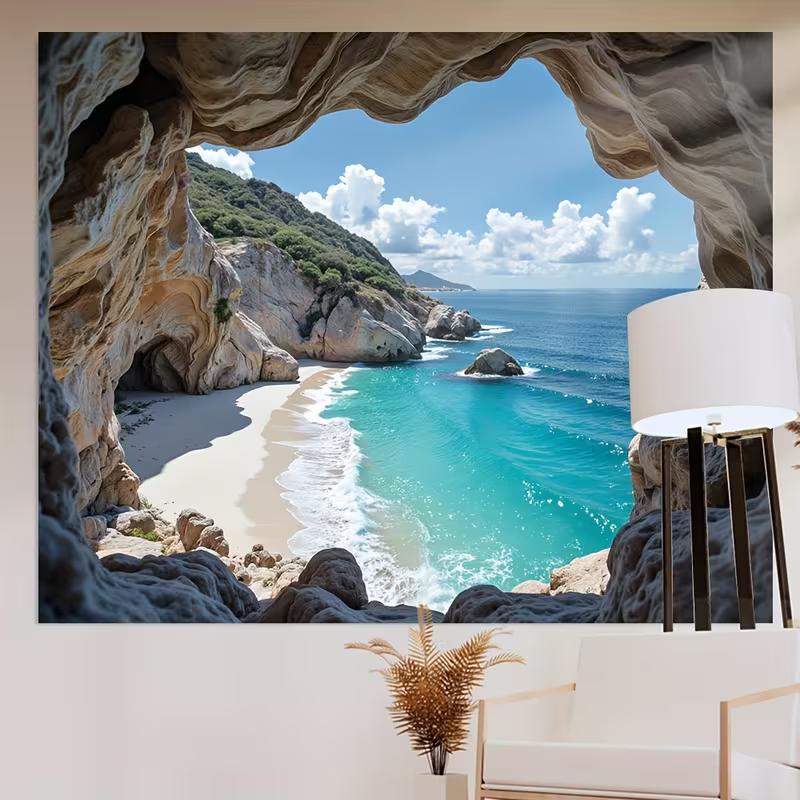 Seaside Cave View Backdrop Natural Rock Cave Coastal Scenery Photography Background Cloth for Wedding & Vacation Theme