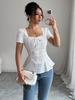 Elegant Women's Summer Lace Top with Square Neck and Bow Short Sleeves