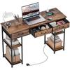 120cm Computer Desk with Power Outlets, Office Desk Study Table with Fabric Drawers and Storage Shelves, Rustic Brown