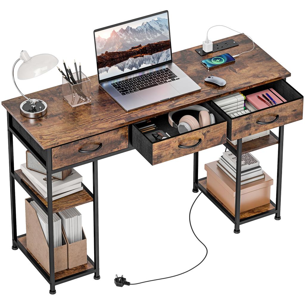 120cm Computer Desk with Power Outlets, Office Desk Study Table with Fabric Drawers and Storage Shelves, Rustic Brown
