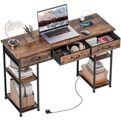 120cm Computer Desk with Power Outlets, Office Desk Study Table with Fabric Drawers and Storage Shelves, Rustic Brown