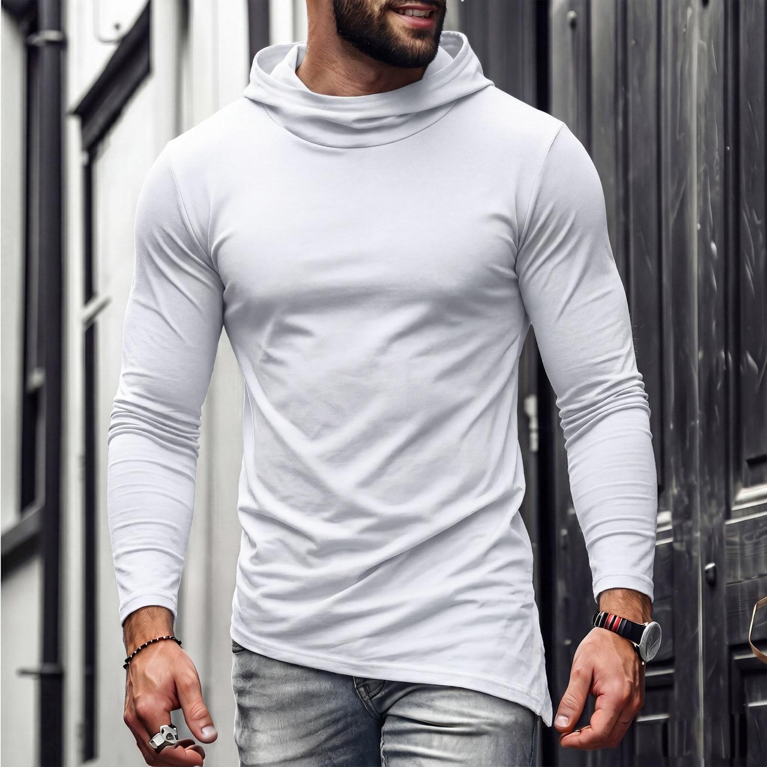 Herren S Lässiges Langarm Baumwoll T-Shirt Locker Einfarbig 2XL weiß