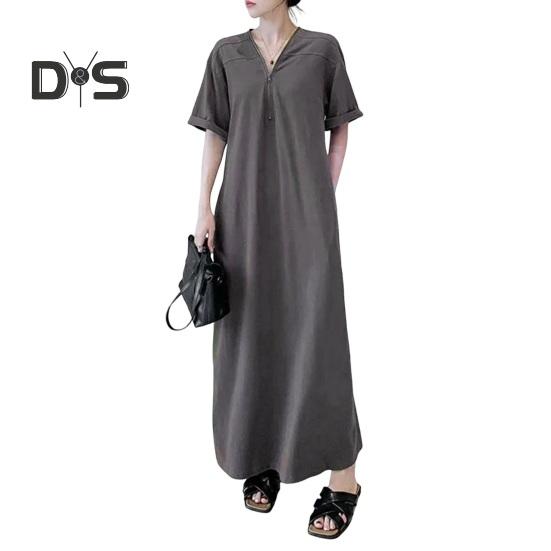 

Женское летнее платье-футболка с коротким рукавом, полумолнией, V-образным вырезом, макси-платье, повседневный длинный сарафан с карманами для пляжного отдыха M серый