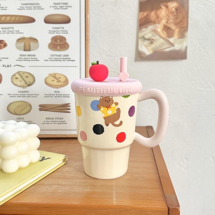 Apple Mug with Lid with Straw Cup Ceramic High Looking Girl's Heart Cup for Birthday Gift