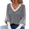 Womens Striped V-Neck Batwing Sleeve Loose Knit Sweater Winter Casual Pullover Top