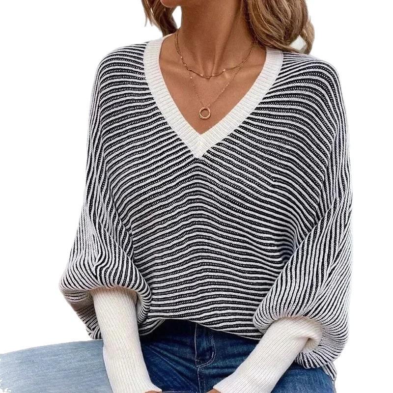 Womens Striped V-Neck Batwing Sleeve Loose Knit Sweater Winter Casual Pullover Top