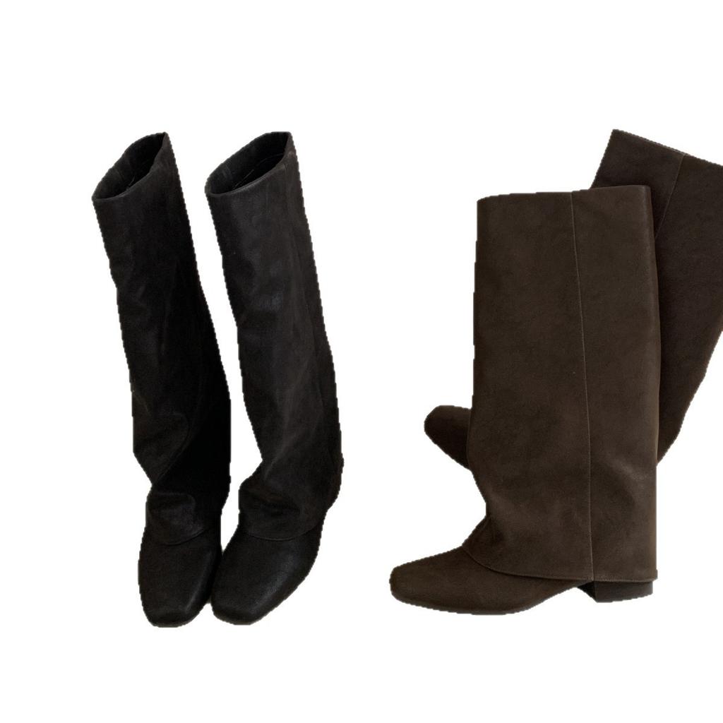 2025 new thick heel retro tall knight boots women's head stacking boots but knee pant tube boots