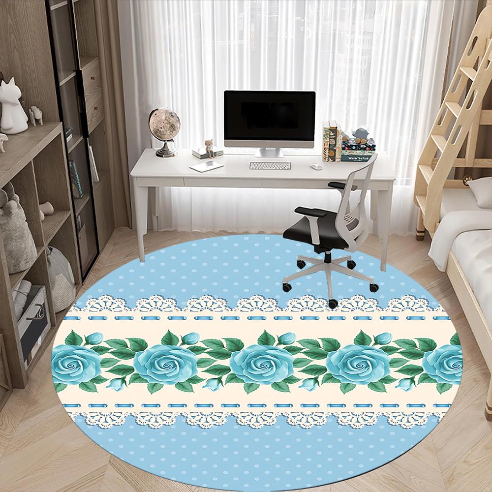 1pc Blue Rose Lace Pattern Office Round Rug, Carpet for Office, Gaming, Lightweight Round Floor Mat Yy260208029