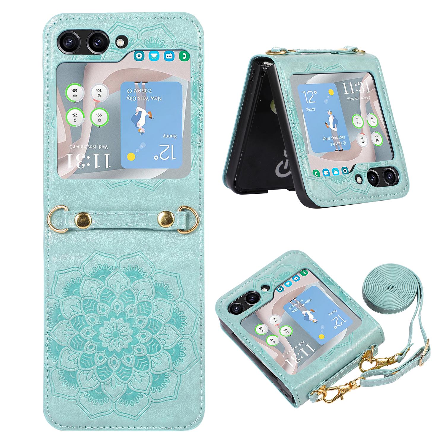 

Чехол для телефона Samsung Galaxy Z Flip5 5G с цветочным принтом, противоударный, из ПУ кожи и ПК, с плечевым ремнем Green