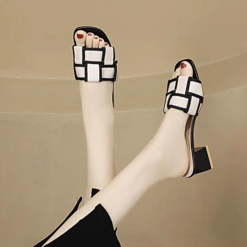 Zapatos De Mujer Women Classic Peep Toe Comfort Spring Slip On Square Heel Shoes Lady Summer Office Sandals Ab379