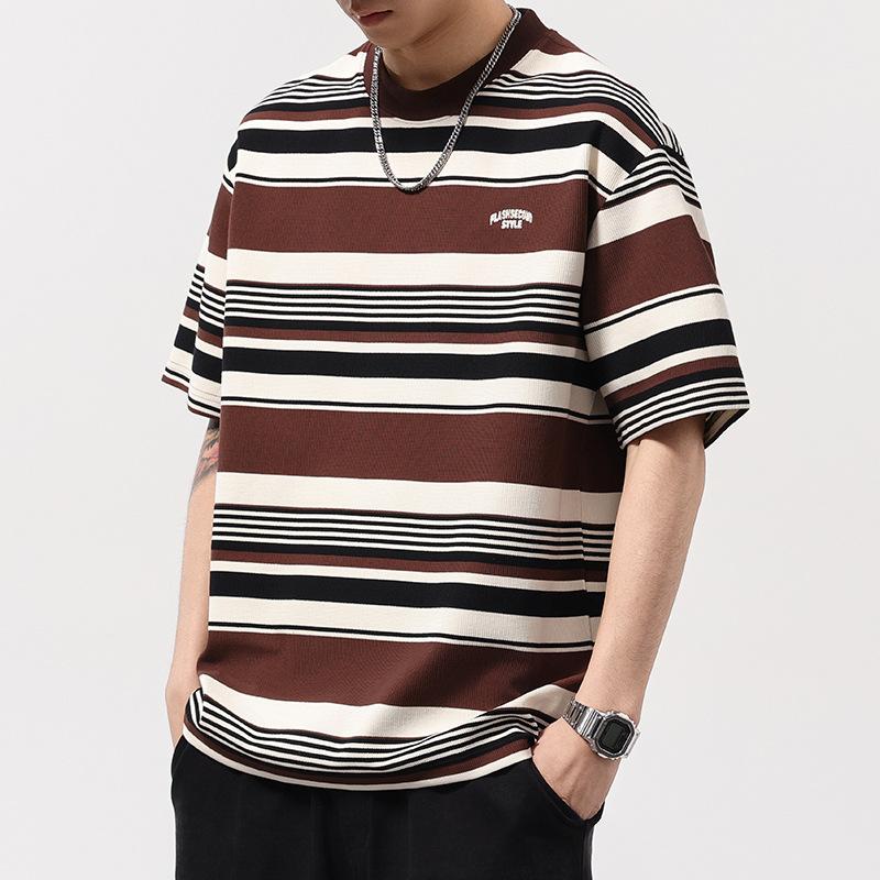 Retro Striped Short-sleeved T-shirt for Men's Summer New Loose Round Neck Half-sleeved Casual Base Shirt