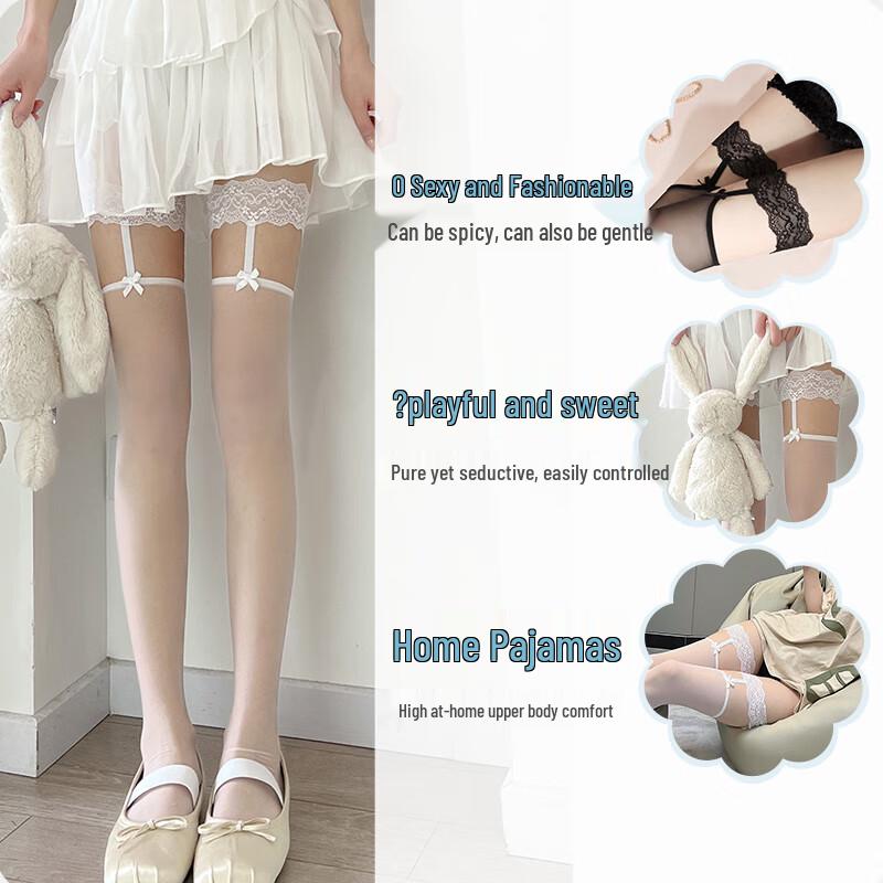 Lansha Sexy Lace Bow Thigh-High Stockings with Fake Garter