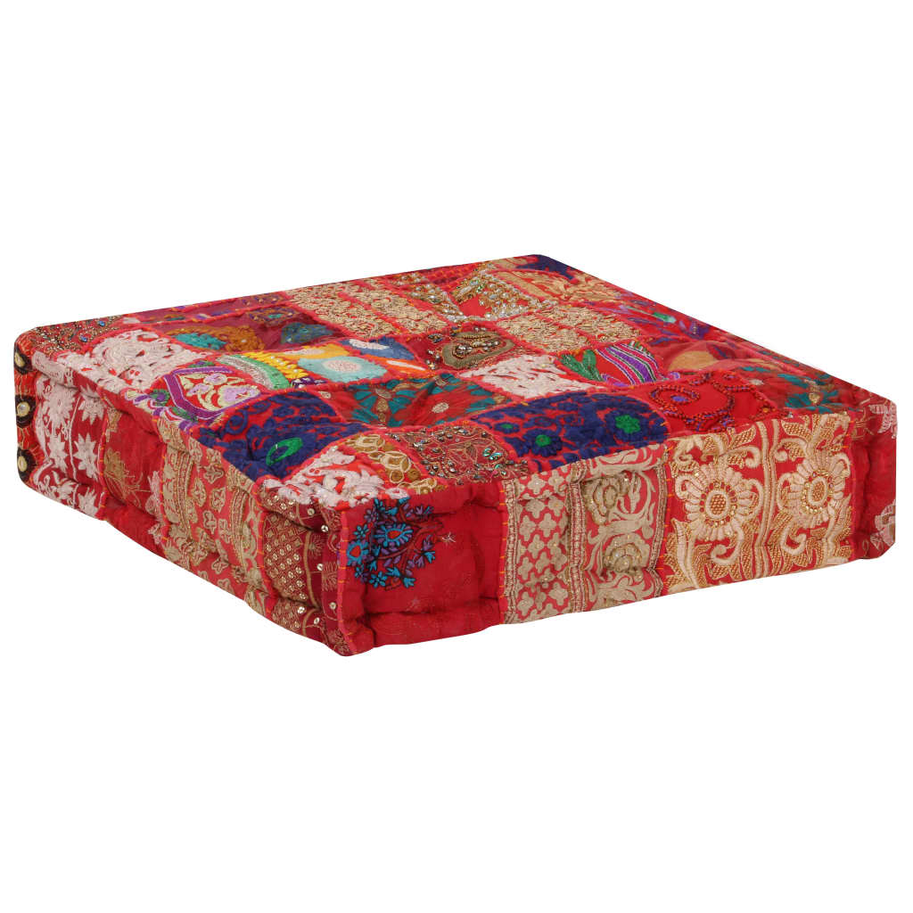 Patchwork Square Pouf Cotton Handmade 50*50*12 cm Red