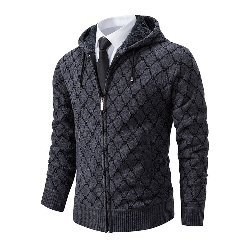 Winter Men's Cardigan Sweater with Thick Velvet and Loose Casual Hooded Knitted Jacket for Outerwear