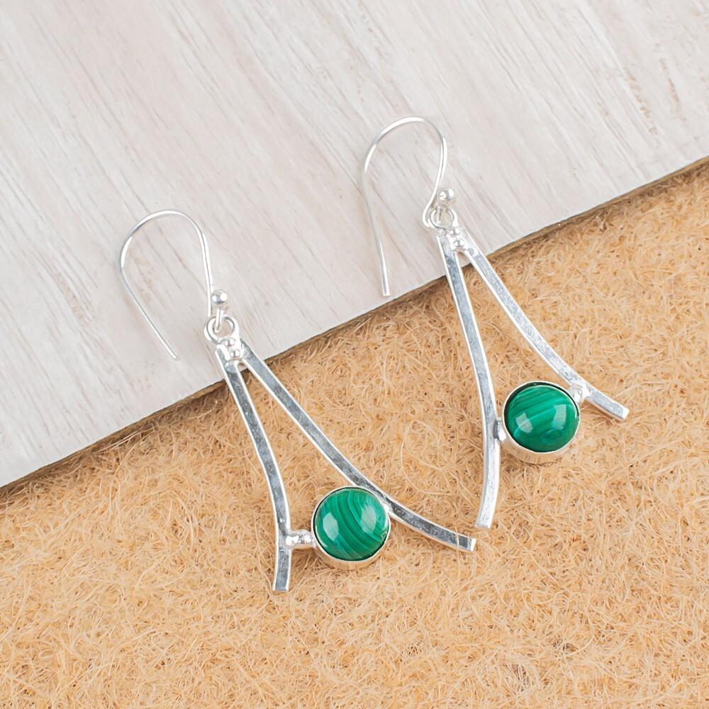 Malachite Gemstone 925 Sterling Silver Handmade Dangle/Drop Earrings 1.45" Gift EE-66-25