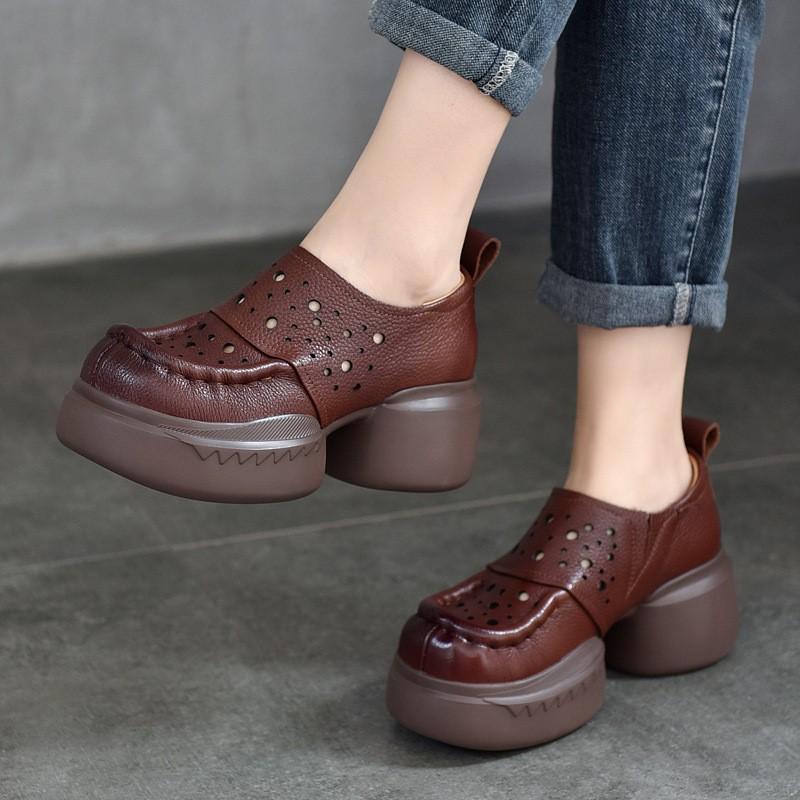 Johnature Thick Soled Retro Hollow Sandals Versatile Genuine Leather High Heels Women's Platform Shoes