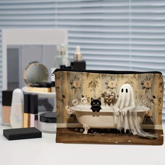 Digital Print Pouch Halloween Theme Cosmetic Bag, Durable Canvas Zipper Makeup Pouch, Storage Bag Portable for Stationery And Daily Cute Organizer