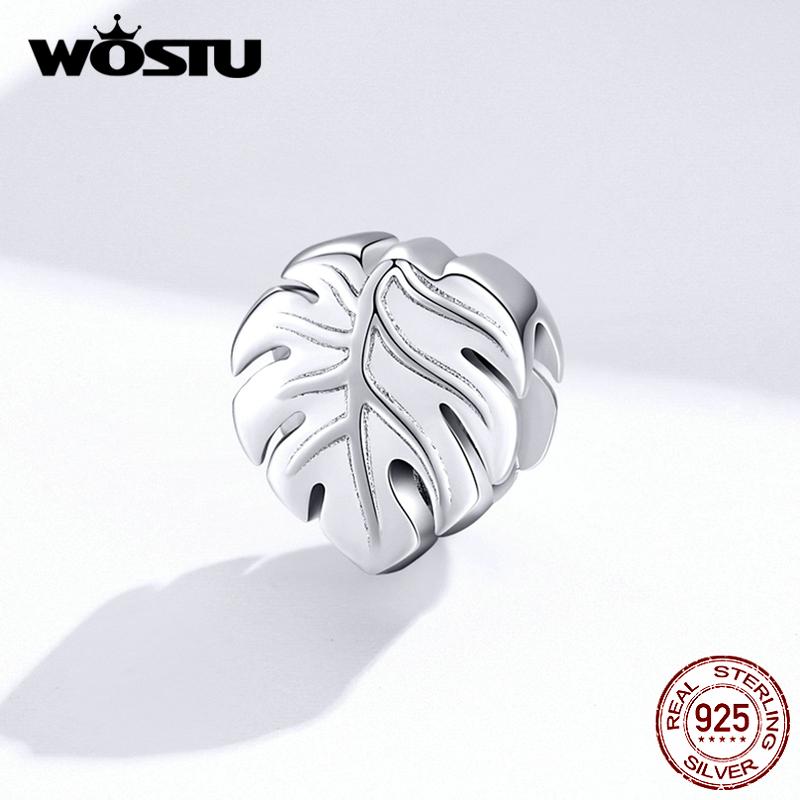 WOSTU 100% 925 Sterling Silver Monstera Deliciosa Beads Plant Charm Fit Original Bracelet Pendant Fashion Wedding Jewelry CTC141