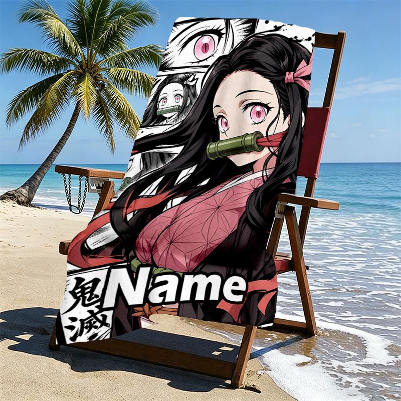 Personalisierbares Strandtuch mit Demon Slayer Aufdruck und individuellem Namen, für Reise, Camping, Strandparty, Heimdekoration, Geburtstagsgeschenk für Familie & Freunde