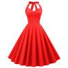 Vintage polka dot halter-neck, open-back, tie-front, slimming, figure-hugging, cinched waist, full-skirted midi dress for women