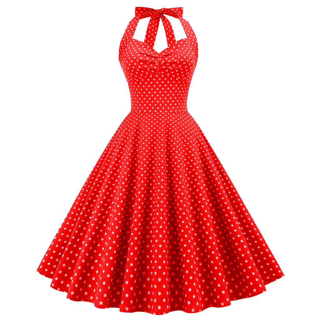 Vintage polka dot halter-neck, open-back, tie-front, slimming, figure-hugging, cinched waist, full-skirted midi dress for women