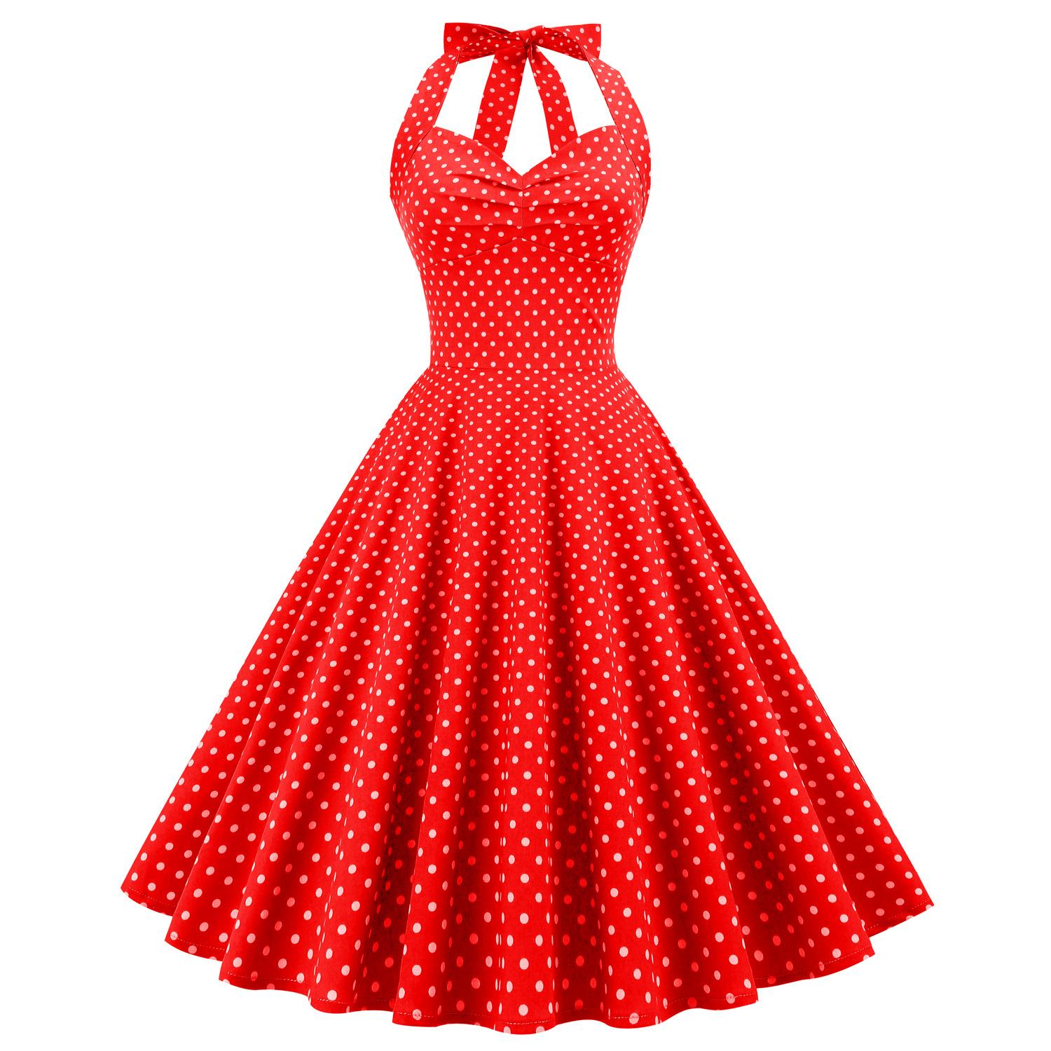 

Women’s polka-dot halter-neck, open-back, tie-front, slimming, figure-hugging, cinched-waist, full-skirted dress S