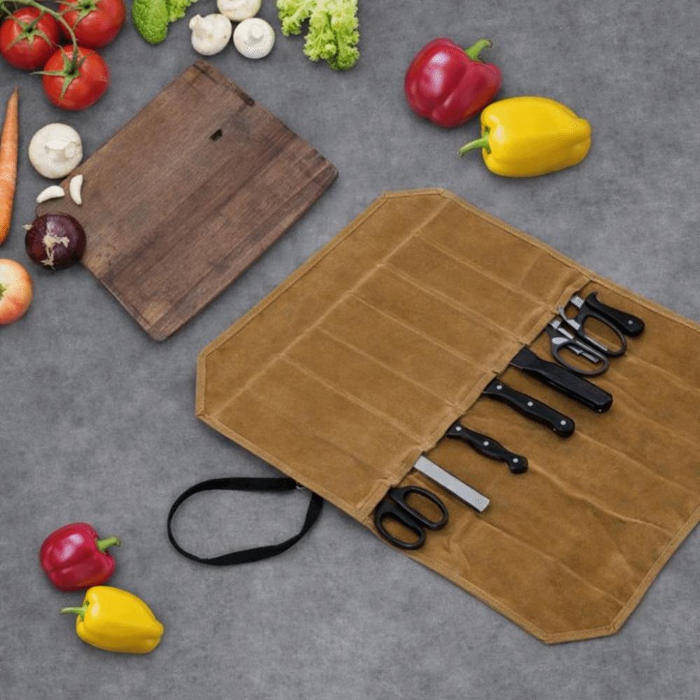 Vintage Portable Chef Tools Storage Bag Waterproof 7 Slots Chef Tools Carrier Minimalist Roll-Up Design Roll Bag