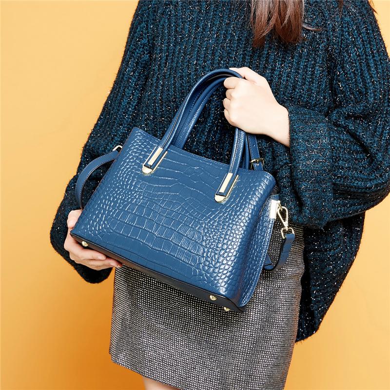 Burminsa Crocodile Pattern Genuine Leather Tote Handbags for Women Trend Designer Big Office Ladies Shoulder Crossbody Bags