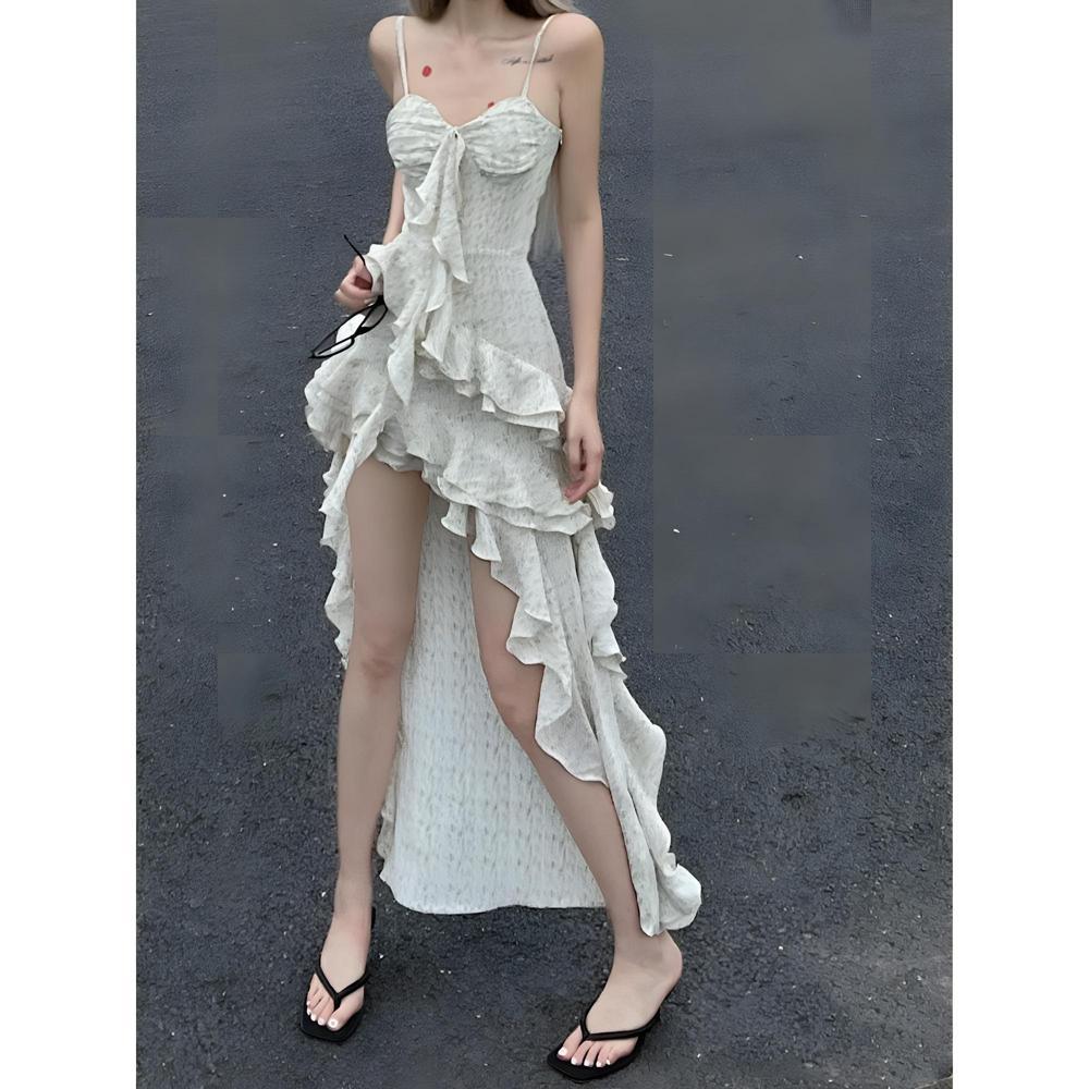 French ruffle edge irregular suspender dress fairy summer temperament high sense seaside vacation beach dress
