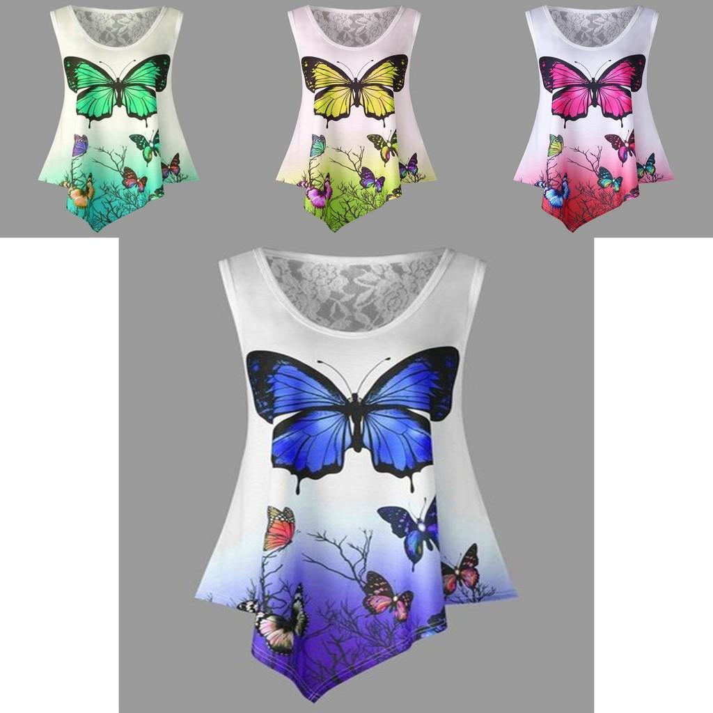 Stilvolles Ärmelloses Damen-T-Shirt Mit Schmetterlingsprint und Spitzen-Patchwork Für Sommer-Chic