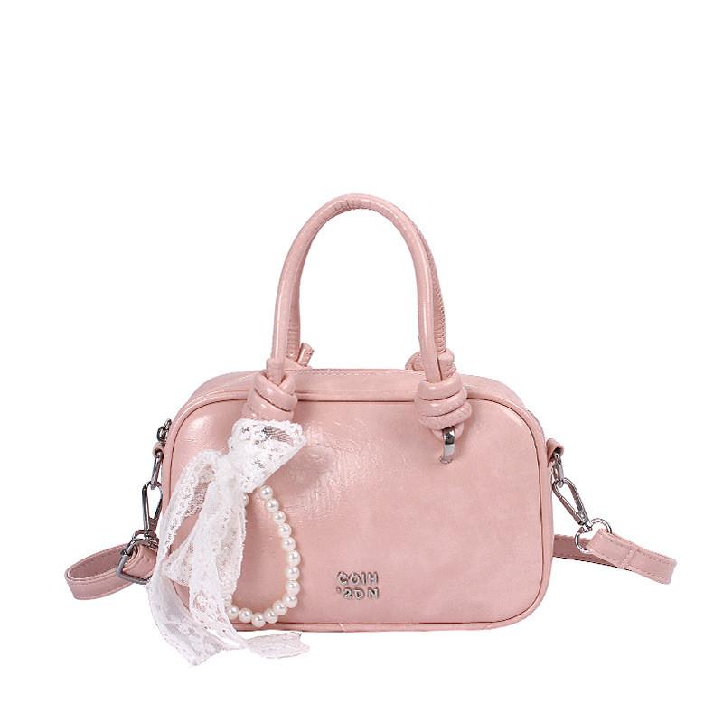 Minimalist Pu Small Square Bag With Lace Bow And Artificial Pearl Decorfor Daily Casual And Work Use