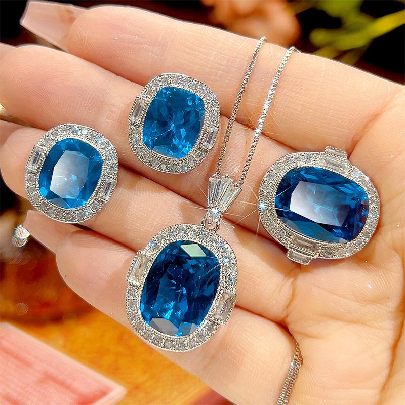 

Blue Cushion Cut Zircon Jewelry Adjustable Ring Earrings Pendant Necklace Halo Engagement Wedding Jewelry for Women Party Gift One Size