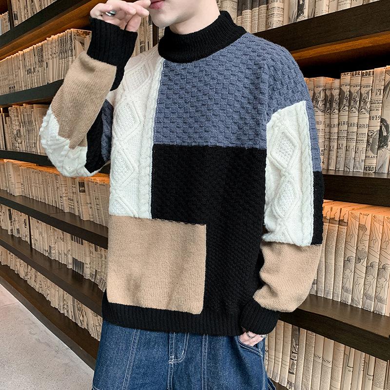 Streetwear Fashion Mens Knitting Pullover Fall Winter Stylish Patchwork Knit Sweater Men Vintage Contrast Color Jumper
