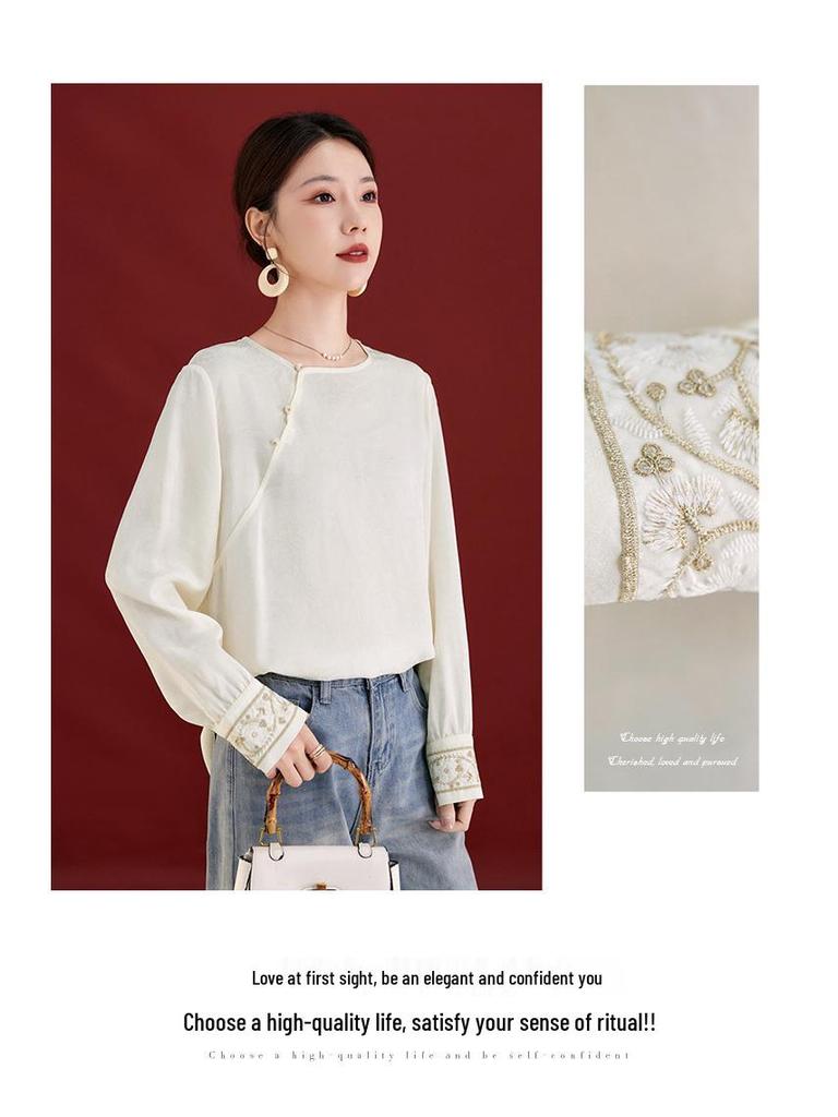 New Autumn Silk Velvet Chinese Style Women's Round Neck Long Sleeve Shirt