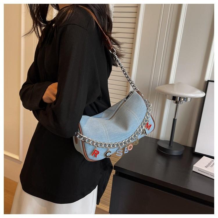 IELGY Denim Canvas Underarm Bag French Chain Shoulder All-Match High-End Niche Dumpling Bag