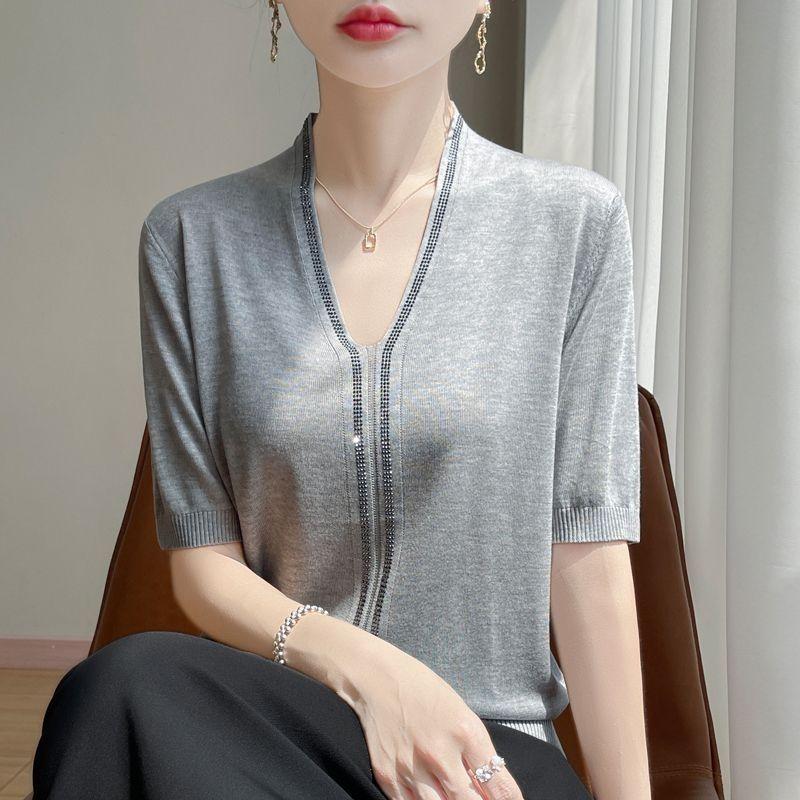 Summer Women's Silk Knit Sweater Short Sleeve V-neck Diamond Knitted Sweater Loose Knit  T Shirt Top