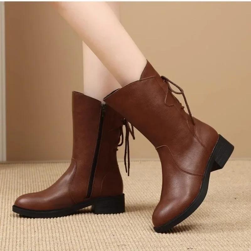 2024 New Women's Low-heeled Knight Boots Trendy Pointed Toe Casual Lace-up Design Motorcycle Boots PU Retro Street Fashion Boots