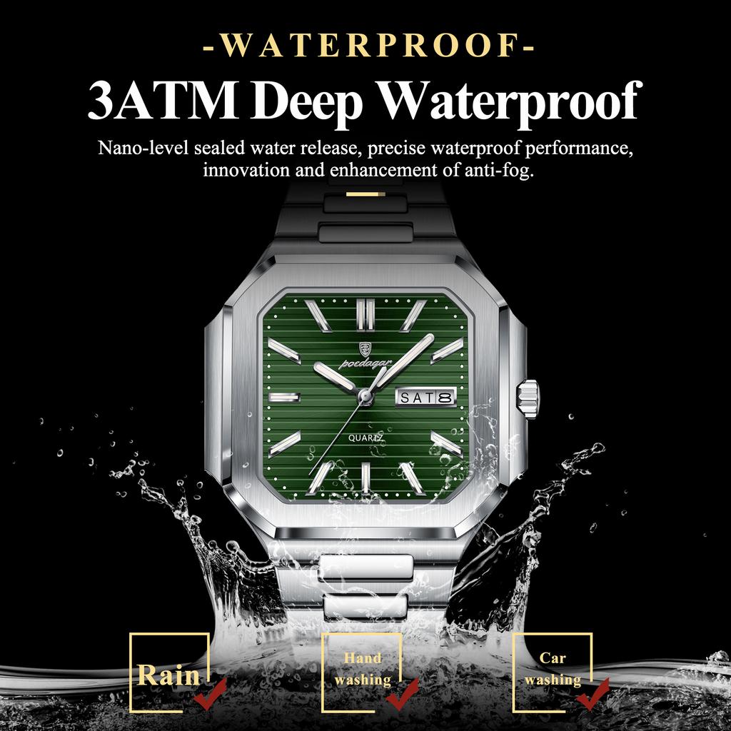 POEDAGAR Luxury Square Male Watch Waterproof Luminous Date Week Quartz Watches For Men Stainless Steel Fashion Men's Clock Reloj