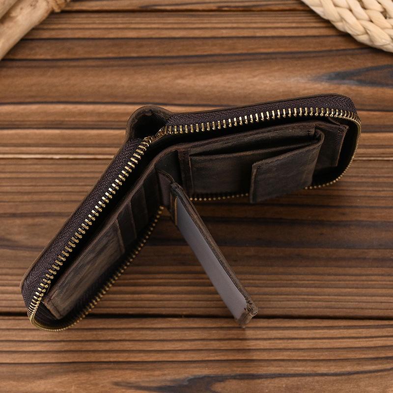 Crazy Horse Leather Wai Zipper Short Wallet With Change Bag Men'S Retro First Layer Cowhide Wallet Small Wallet