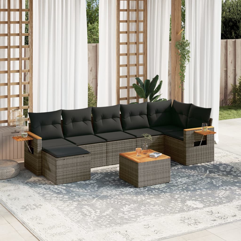 Vidaxl 8-Cz. Garden Furniture Set With Cushions, Grey, Poly Rattan