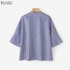 ZANZEA Women Striped Shirt Stand Collar 3/4 Sleeve Print Button Down Casual Blouse Tops