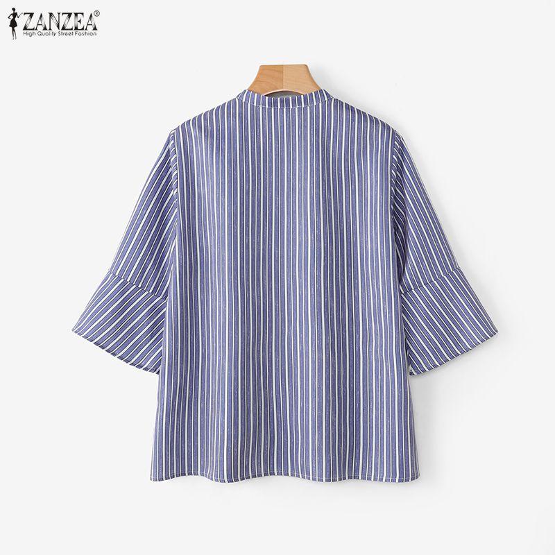 ZANZEA Women Striped Shirt Stand Collar 3/4 Sleeve Print Button Down Casual Blouse Tops
